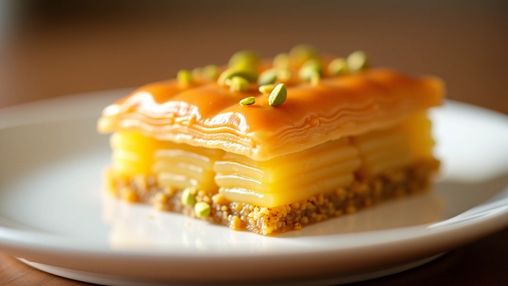Close-up of golden baklava layers with pistachio filling on a ceramic plate