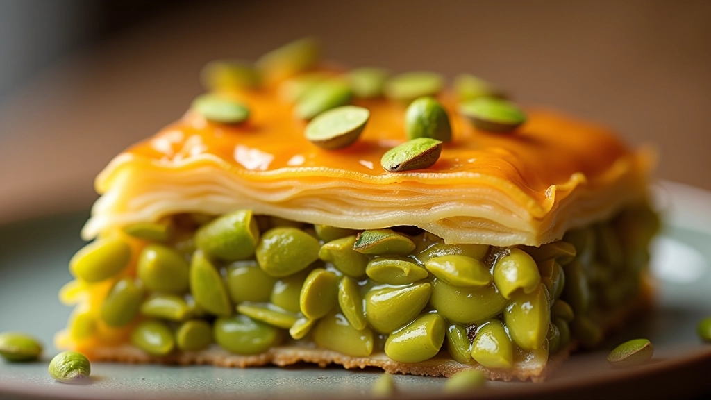 Close-up of golden baklava pieces layered with crushed green pistachios, displaying the signature green and golden color contrast of Gaziantep-style pastries