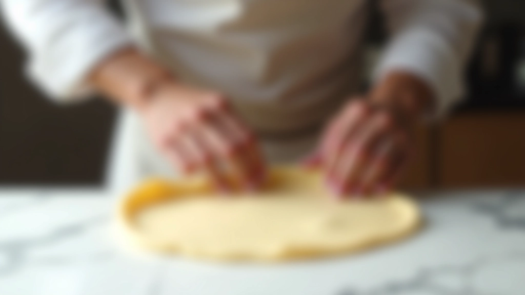 Close-up of hands working with phyllo dough, stretching it thin over a marble surface in a bright kitchen