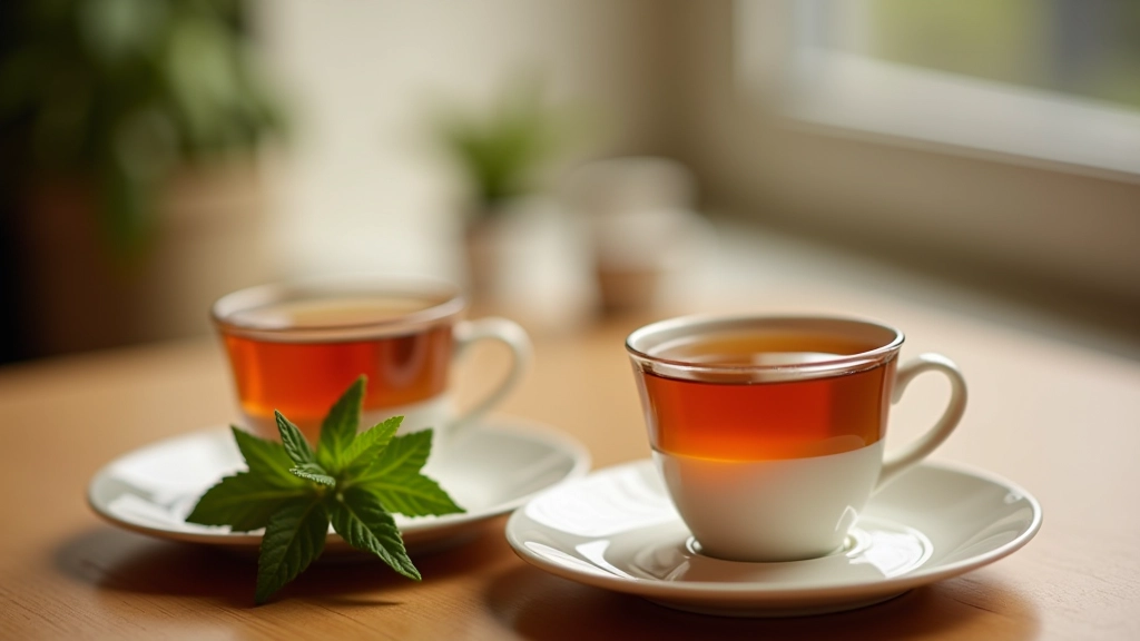 Turkish tea in traditional glass tulip cups with saucers, fresh mint leaves on table