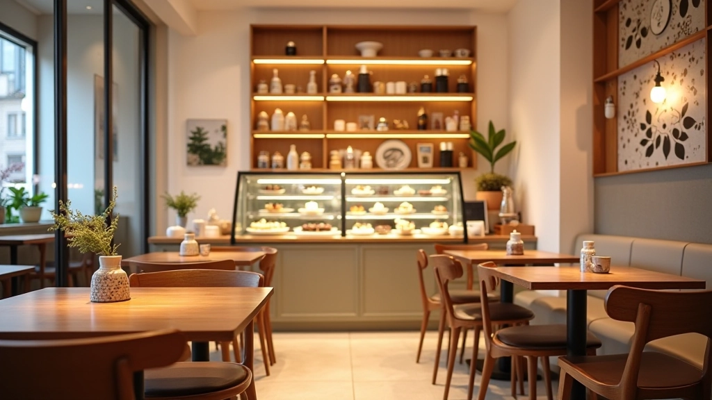 Interior of a modern patisserie with soft lighting, wooden tables, and display cases showing traditional Turkish desserts artfully arranged