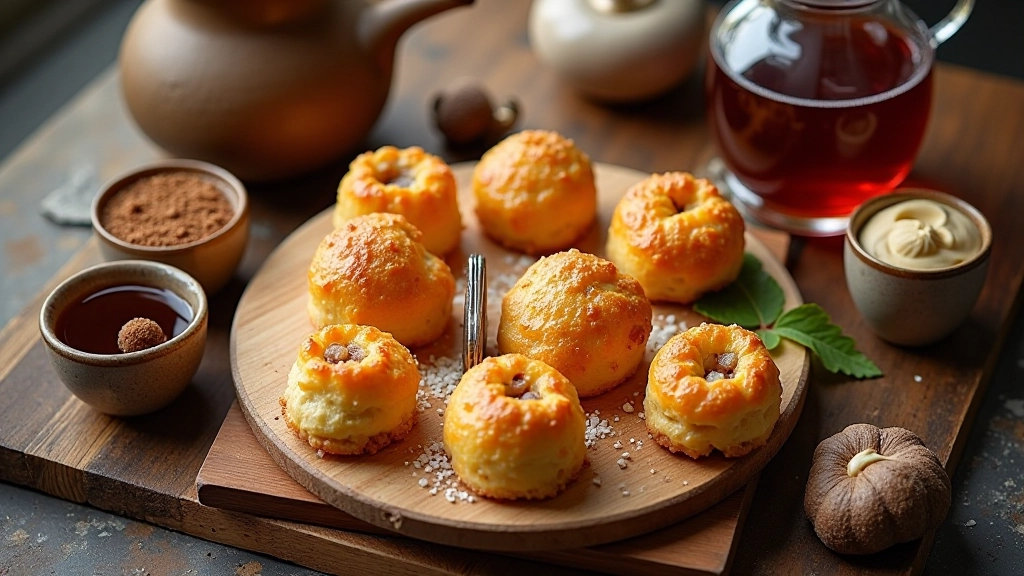 Aerial view of assorted Turkish sweets on a wooden serving board with small labels and tea service