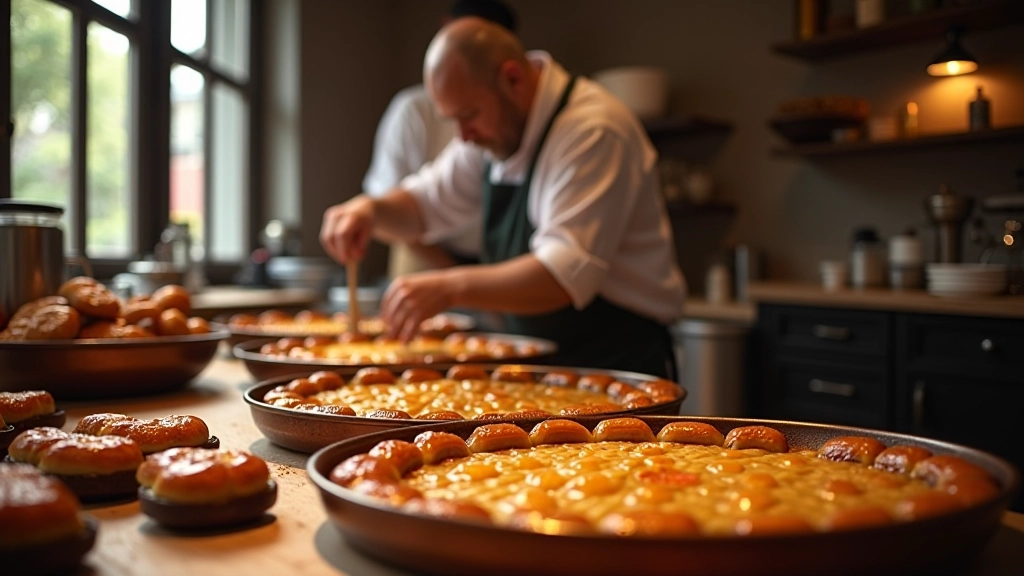 Turkish pastry workshop with traditional copper pans, freshly prepared baklava layers, and regional sweets on display tables